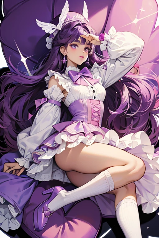 Eva is brown skinned girl with long purple hair styled into twist. Her makeup consist of purple eyeshadow with light pink lipstick and her eyes are blue. Her accessories consist of a purple teddy bear hat that has two white heart shapes inside.
Her outfit consist of a long purple dress with a big quilted heart that has ruffles on around it that says "XOXO" embroidered in big bold red text. She wears white socks that go up past her ankles with a purple bow on the top. Her heels are purple with white bottoms. SPARKLE; GLITTER