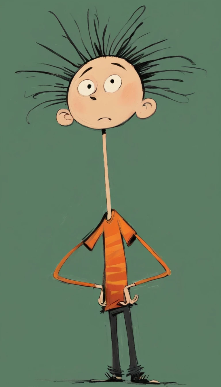 (((Exaggerated digital character sketches:1.37,Matchstick Men))).(boy,Three hairs,(Exaggerated expression)),(Black sketch lines,Loose brushstrokes create the outline,Cartoon Style. Bright colors and simplified lines, sketch)。(Exaggerated body movements,),(Large area of blank)