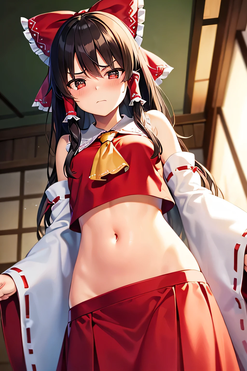 super fine illustration, vibrant colors, masterpiece, sharp focus, best quality, depth of field, cinematic lighting, ultra detailed, blush, annoyed, belly button, navel , tummy, shrine maiden, hakurei reimu, 1girl, hair bow, ascot, hair tubes, detached sleeves, looking down, red shirt, red skirt, very long hair, very messy hair, dark brown hair, indoors, mature woman, ,hakurei reimu, 1girl, hair bow, ascot, hair tubes, miko, detached sleeves,Reimu Hakurei, long skirt, 