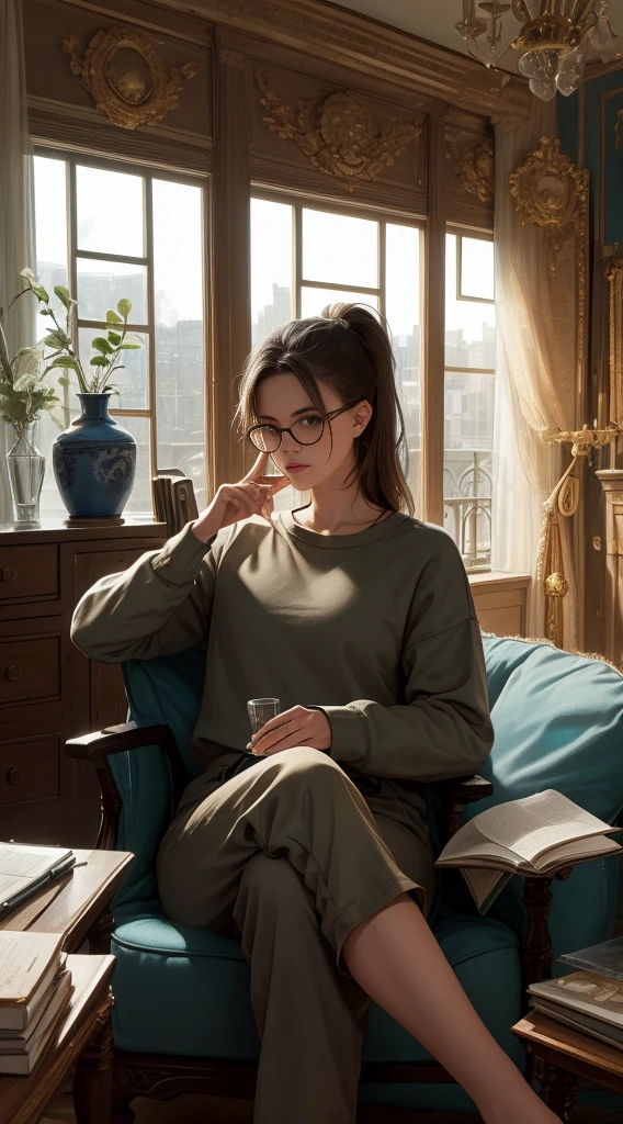 sitting on chair, crossed legs, reading a book, reading glasses, cozy, living room,
sweatpants, sweatshirt, baggy clothing 

((masterpiece:1.2), (best quality:1.2), (very aesthetic:1.2), (absurdres:1.2), (detailed background),newest,),Emily, large chest, wide waist, brown eyes, long hair, brown hair, 