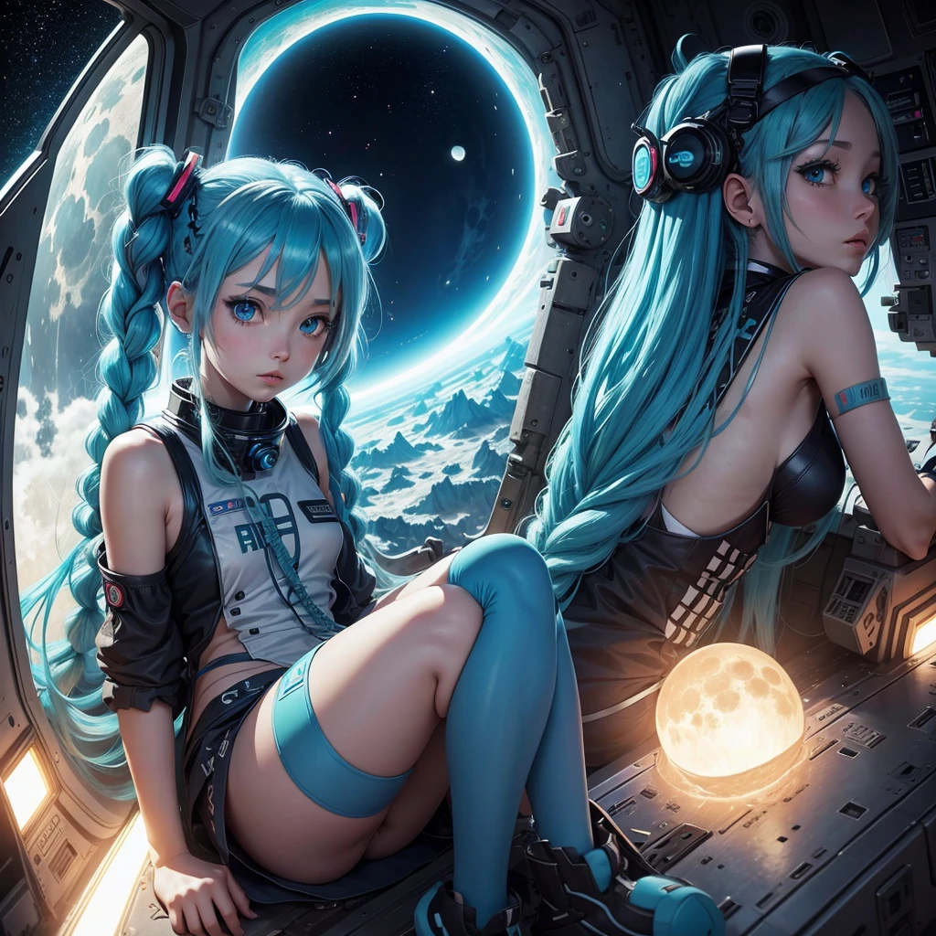 Anime girl,blue hair,blue eyes She has two braids in her hair, Hatsune Miku, in a space station, something exploded behind her, moon, space, planet Earth in the back, wearing space radar clothes,