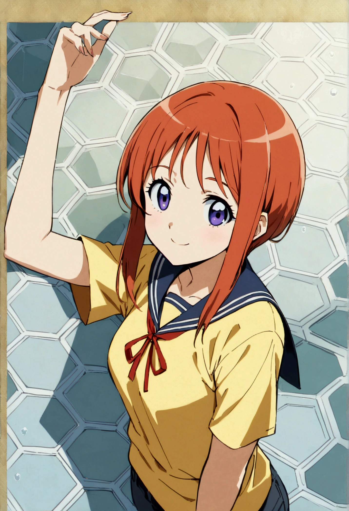 score_9, score_8_up, score_7_up, (best quality, masterpiece),perfect anatomy,aesthetic,very aesthetic,official style, ultra-high resolution,source_anime.1girl, elpeo puru, gundam,reen shirt, hexagon, honeycomb \(pattern\), honeycomb background, looking at viewer, map, net, orange hair, pavement, pool, poolside, purple eyes, rooftop, sailor moon redraw challenge, shirt, short hair, short sleeves, sidelocks, silk, smile, solo, spider web, stone floor, stone wall, tile floor, tile wall, tiles, upper body, wall, yellow shirt, a girl with red hair and blue eyes in a green shirt with a circuit background and a blue background, Eizan Kikukawa, cel shading