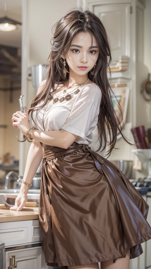 (32K:1.5, Highest quality, masterpiece, Ultra-high resolution), Professional camera work:1.6, Very detailedな肌と顔の質感:1.3, Captivating portrait:1.3, Very accurate, Very detailed, ((1 adult female, Cook:1.4, kitchen, Wearing an apron:0.7)), Incredibly slim body, Fair skin, elegant, Heartful, sense of openness, sense of cleanliness, Sensual posture, (Big eyes that exude beautiful eroticism:0.4, Happy expression:1.0, I love you with all my heart:0.8, Open your mouth a little, lipstick, Feel the beautiful eroticism:0.9), Dark brown medium hair, Mid-chest, Earrings, necklace, bracelet, (romantic, mysterious), Object of admiration, Fancy, original, dramatic, artistic, Innovative, special, exciting, Extreme, Tilt, sense of loss, sorrow, sorrowの表現, ((Adult charm, Feminine charm))