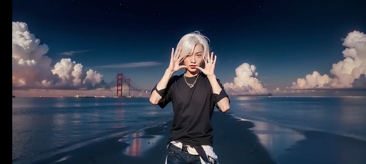 1 boy,Handsome asian male, Face,Street View,sunrise,Different every time, white hair, grey hair, Style hair,