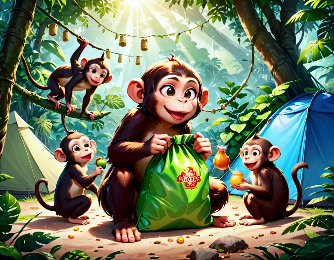 A group of little cute monkeys,mischievous monkeys,playful monkeys,monkey antics,cheeky monkeys,jungle camp,outdoor camp,food sack,scientists away,comedic,humorous,comical,slapstick,cute,fluffy,adorable,high quality,8k,detailed,vibrant colors,natural lighting,lush greenery,photorealistic
