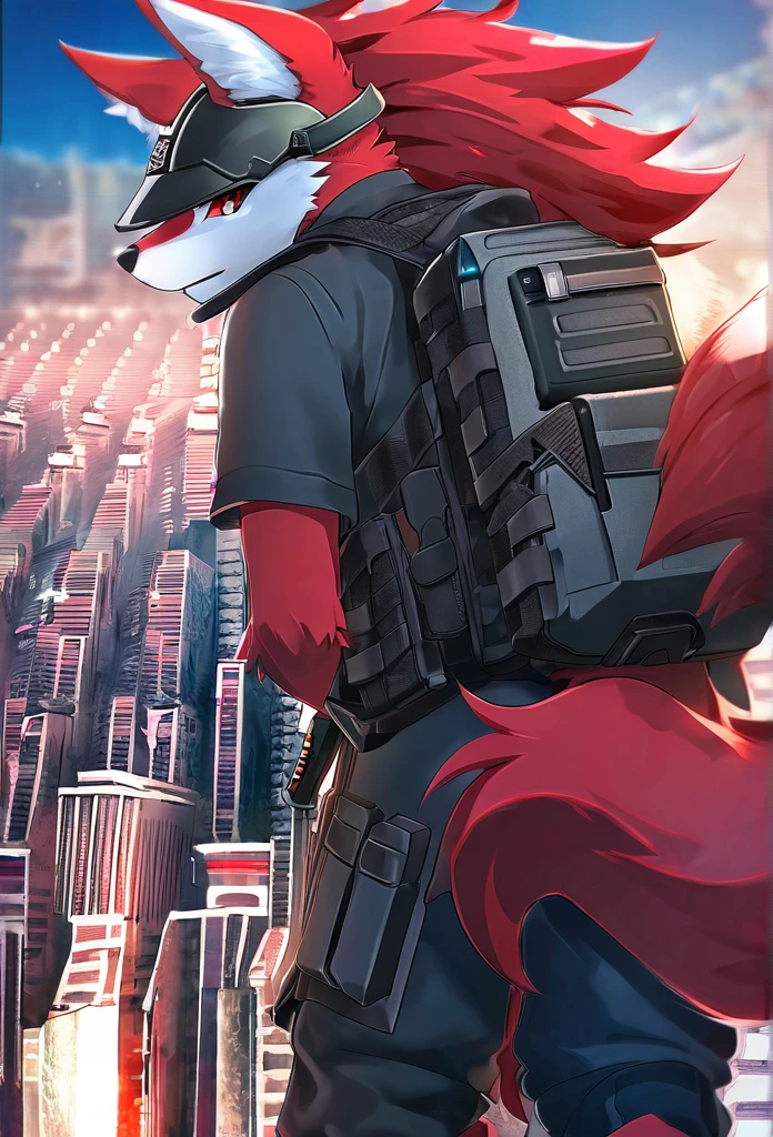 high detail, hyper quality, High Resolution, 1080P, solo, Furry, (Male Wolf: 1), (Red fur: 1.3), blue skin, white ears, red-eyes, sharp claws, (furry tail: 1.2), (Carrying soldier's equipment)), Wearing bulletproof vests, ((Wearing soldier's helmets)), Against the backdrop of futuristic cities, Detailed backstory of Arttstion Pixiv, Furry, Fursona in stylish clothes, with red fur and two tails, Detailed fan art, digital art on pixiv, anime artstyle
