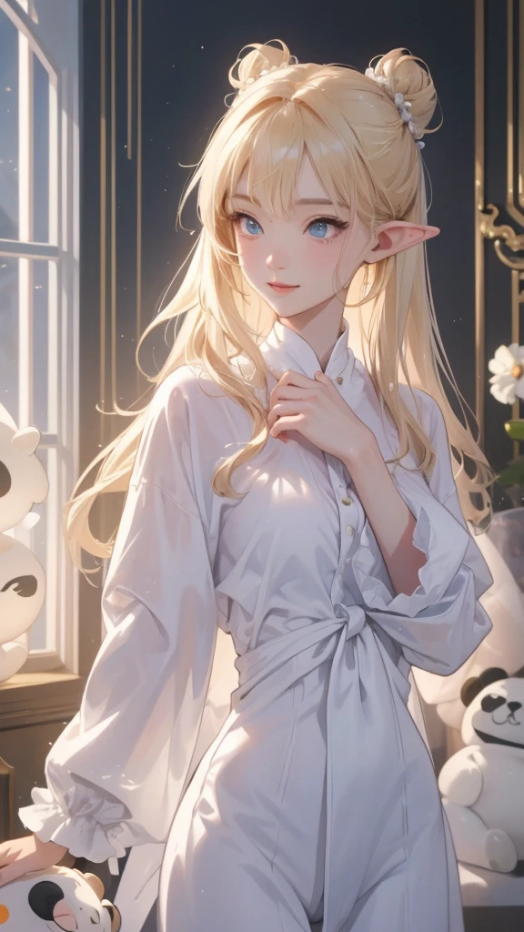 work of art, epic details, ultra detaild, high resolution, blonder woman, beautiful elf, hair tied into an elegant bun, angelic face with soft features, slim body, wearing kigurime pajamas with panda bear hoods, delicate and well-defined hands, expression of happiness, big friendly and simple smile, Scenario: a bright room, supper: talking to the viewer without errors, epic details no rosto, large, expressive eyes, modest and elegant behavior