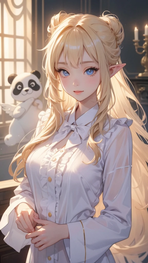 work of art, epic details, ultra detaild, high resolution, blonder woman, beautiful elf, hair tied into an elegant bun, angelic face with soft features, slim body, wearing kigurime pajamas with panda bear hoods, delicate and well-defined hands, expression of happiness, big friendly and simple smile, Scenario: a bright room, supper: talking to the viewer without errors, epic details no rosto, large, expressive eyes, modest and elegant behavior