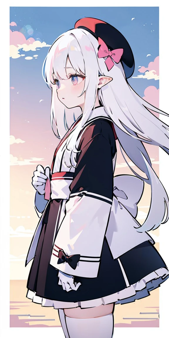 masterpiece, best quality, Fairforest, Son of a Man, Berets, Pink shawl, Pink Tunic, White pants, Brown gloves, Upper Body, Sunset, Gothic architecture, castle, cloud, Looking at the audience, from the side, Female 16 years old 1.66m white hair long hair,Fa Ka is a word consisting of two sixes.,The pupil is a white square,Iris is a color gradient。The two ears are hung with small pendants, which are six-sided and six-shaped.。There are six small ribbons on the middle.。The clothes are white and pink kimono short skirt pink Gothic Lolita clothes,Black butterfly-shaped ribbon tied on the chest。The left length of the white silk stockings just reaches under the skirt,Rainbow leg ring on left leg