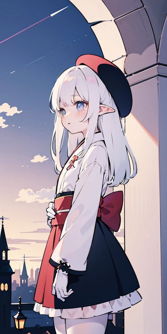 masterpiece, best quality, Fairforest, Son of a Man, Berets, Pink shawl, Pink Tunic, White pants, Brown gloves, Upper Body, Sunset, Gothic architecture, castle, cloud, Looking at the audience, from the side, Female 16 years old 1.66m white hair long hair,Fa Ka is a word consisting of two sixes.,The pupil is a white square,Iris is a color gradient。The two ears are hung with small pendants, which are six-sided and six-shaped.。There are six small ribbons on the middle.。The clothes are white and pink kimono short skirt pink Gothic Lolita clothes,Black butterfly-shaped ribbon tied on the chest。The left length of the white silk stockings just reaches under the skirt,Rainbow leg ring on left leg