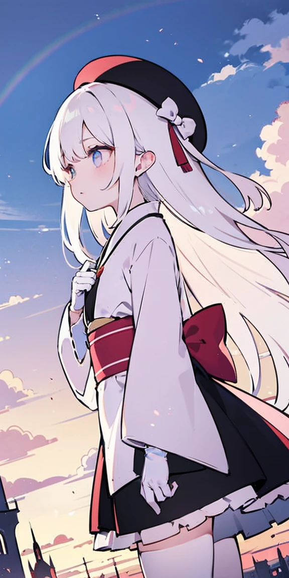 masterpiece, best quality, Fairforest, Son of a Man, Berets, Pink shawl, Pink Tunic, White pants, Brown gloves, Upper Body, Sunset, Gothic architecture, castle, cloud, Looking at the audience, from the side, Female 1.66m white hair long hair,Fa Ka is a word consisting of two sixes.,The pupil is a white square,Iris is a color gradient。The two ears are hung with small pendants, which are six-sided and six-shaped.。There are six small ribbons on the middle.。The clothes are white and pink kimono short skirt pink Gothic Lolita clothlack butterfly-shaped ribbon tied on the chest。The left length of the white silk stockings just reaches under the skirt,Rainbow leg ring on left leg