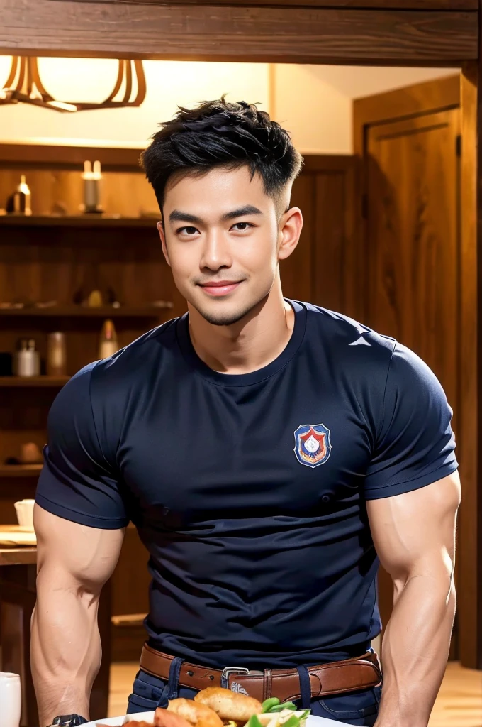 (Create a masterpiece:1.2),(CGI art:1.3),(realistic:1.5),(After processing:1.3),(Sharp focus:1.3),1 man ,(black hair) ,(Wear color navy round neck T-shirt), (with a Police badge:1.1),Navy blue jeans,Korean guy,korean men,(High gloss details),chest muscles,large arm muscles,blood vessel,Big muscles,Broad shoulders,looking at the audience,Balancing the eyes,(Lind has a dining table:1.3),