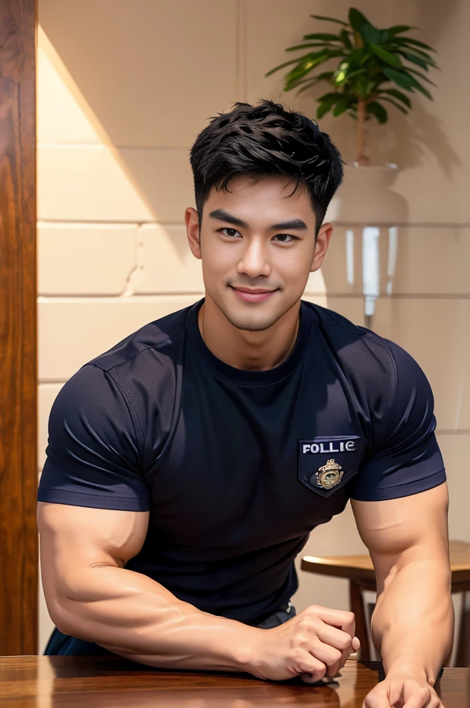 (Create a masterpiece:1.2),(CGI art:1.3),(realistic:1.5),(After processing:1.3),(Sharp focus:1.3),1 man ,(black hair) ,smile,(Wear color navy round neck T-shirt), (with a Police badge:1.1),Navy blue jeans,Korean guy,korean men,(High gloss details),chest muscles,large arm muscles,blood vessel,Big muscles,Broad shoulders,looking at the audience,Balancing the eyes,(Lind has a dining table:1.3),