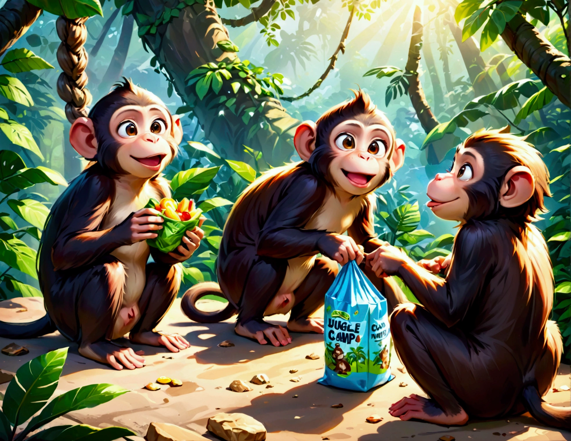 A group of little cute monkeys,mischievous monkeys,playful monkeys,monkey antics,cheeky monkeys,jungle camp,outdoor camp,food sack,scientists away,comedic,humorous,comical,slapstick,cute,fluffy,adorable,high quality,8k,detailed,vibrant colors,natural lighting,lush greenery,photorealistic
