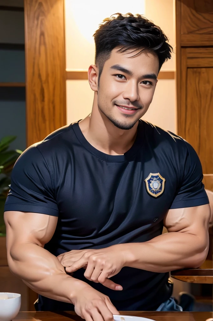 (Create a masterpiece:1.2),(CGI art:1.3),(realistic:1.5),(After processing:1.3),(Sharp focus:1.3),1 man ,(black hair) ,smile,(Wear color navy round neck T-shirt), (with a Police badge:1.1),Navy blue jeans,Korean guy,korean men,(High gloss details),chest muscles,large arm muscles,blood vessel,Big muscles,Broad shoulders,looking at the audience,Balancing the eyes,(Lind has a dining table:1.3),