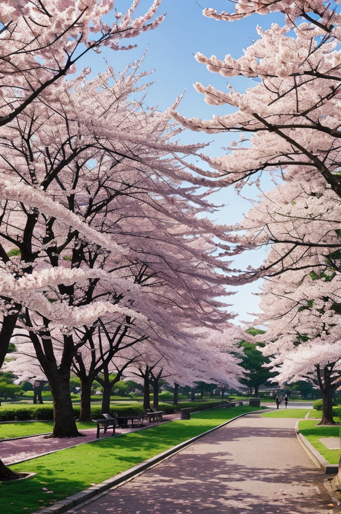 Create an anime-style background of a serene cherry blossom park. The scene should evoke a peaceful and idyllic atmosphere, with the following elements: