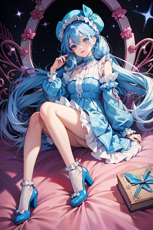 Lily is a fair skinned girl with long blue hair tied into pigtails. Her makeup consist of blue eyeshadow with light pink lipstick and her eyes are blue. Her accessories consist of a blue teddy bear hat that has two white heart shapes inside.
Her outfit consist of a long blue dress with a big quilted heart that has ruffles on around it that says "TRUE LOVE" embroidered in big bold red text. She wears white socks that go up past her ankles with blue ruffles on the top. Her heels are blue with silver chain straps. SPARKLE; GLITTER