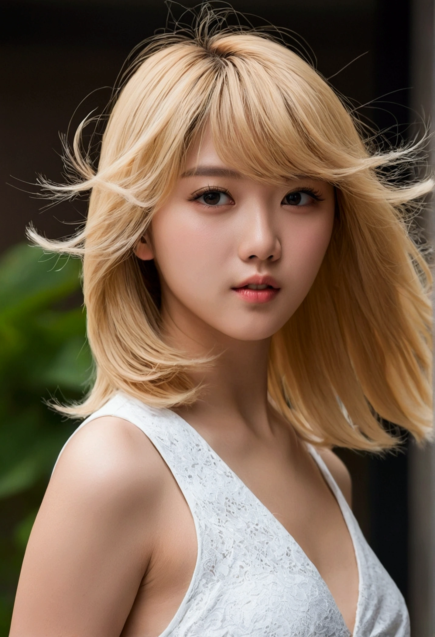 Sexy Big 、A cute 20-year-old girl with a sexy and cute look, beautiful and sexy face、A strong wind blows my hair in front of my face、With short blonde hair、beautiful, Cute and sexy eyes hidden behind long bangs。