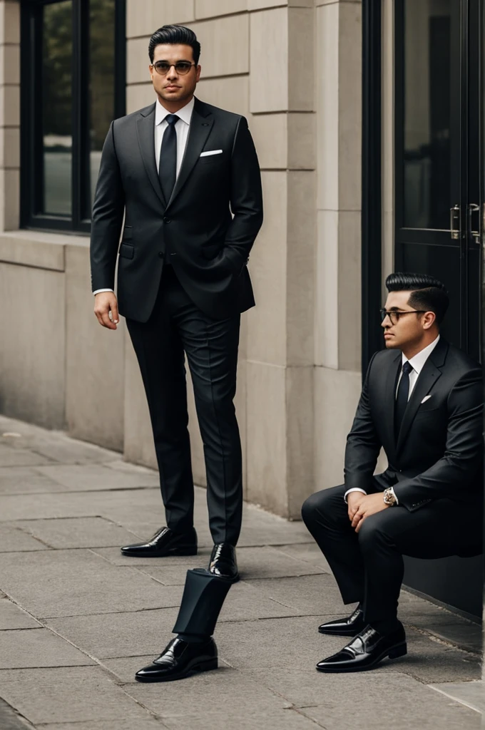 With a super elegant suit, rather fat, black suit, very elegant shoes.. head on