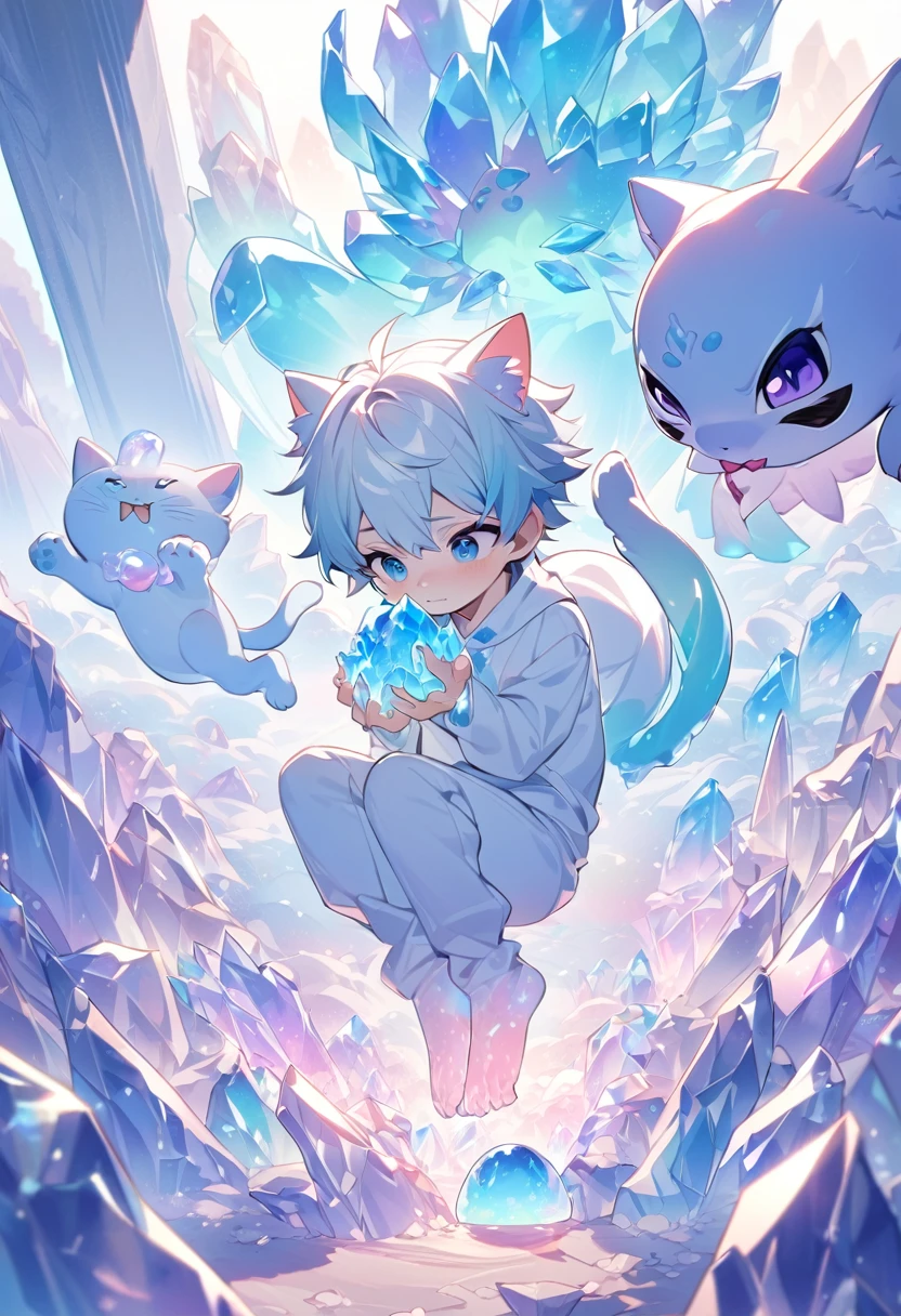 Little male cat,boy,There is a tail,cute,Thin,struggle,Everlasting,Crystallization,Blue slime,Feet turned into crystal,Hands turn into crystal,Crystal Spread Feet,Crystal feet,Crystal hands,illumination,freeze,脚被freeze,charming,boy们 ,蓝色Crystal feet,穿着Tight Fit衣,plastic,Full body portrait,smooth,全身Tight Fit衣,Thin,Light blue gel coat,Full body gel coat,outdoor,Naked,Small pants,Tight Fit,No clothes