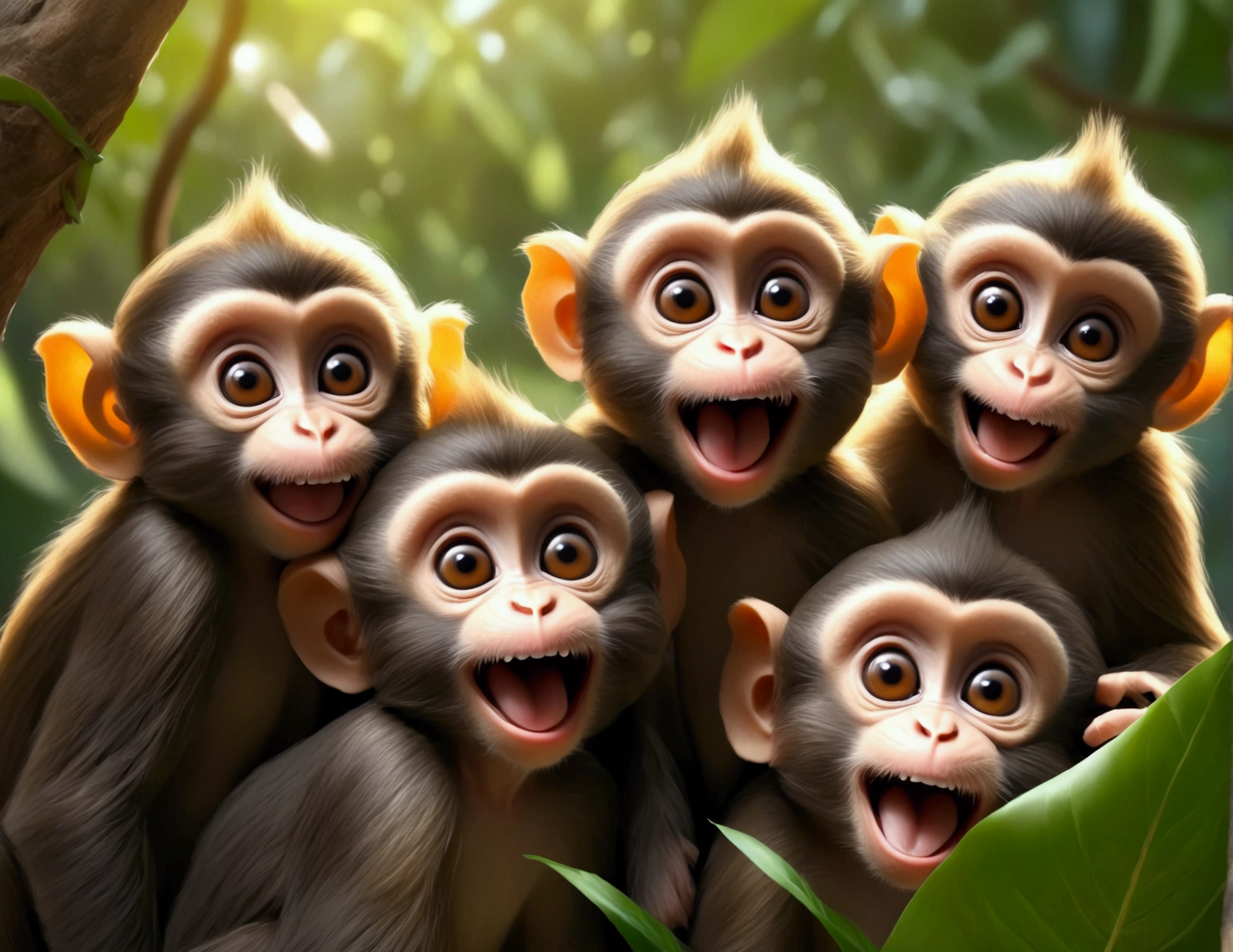 A group of little cute monkeys,mischievous monkeys,playful monkeys,monkey antics,cheeky monkeys,jungle camp,outdoor camp,food sack,scientists away,comedic,humorous,comical,slapstick,cute,fluffy,adorable,high quality,8k,detailed,vibrant colors,natural lighting,lush greenery,photorealistic