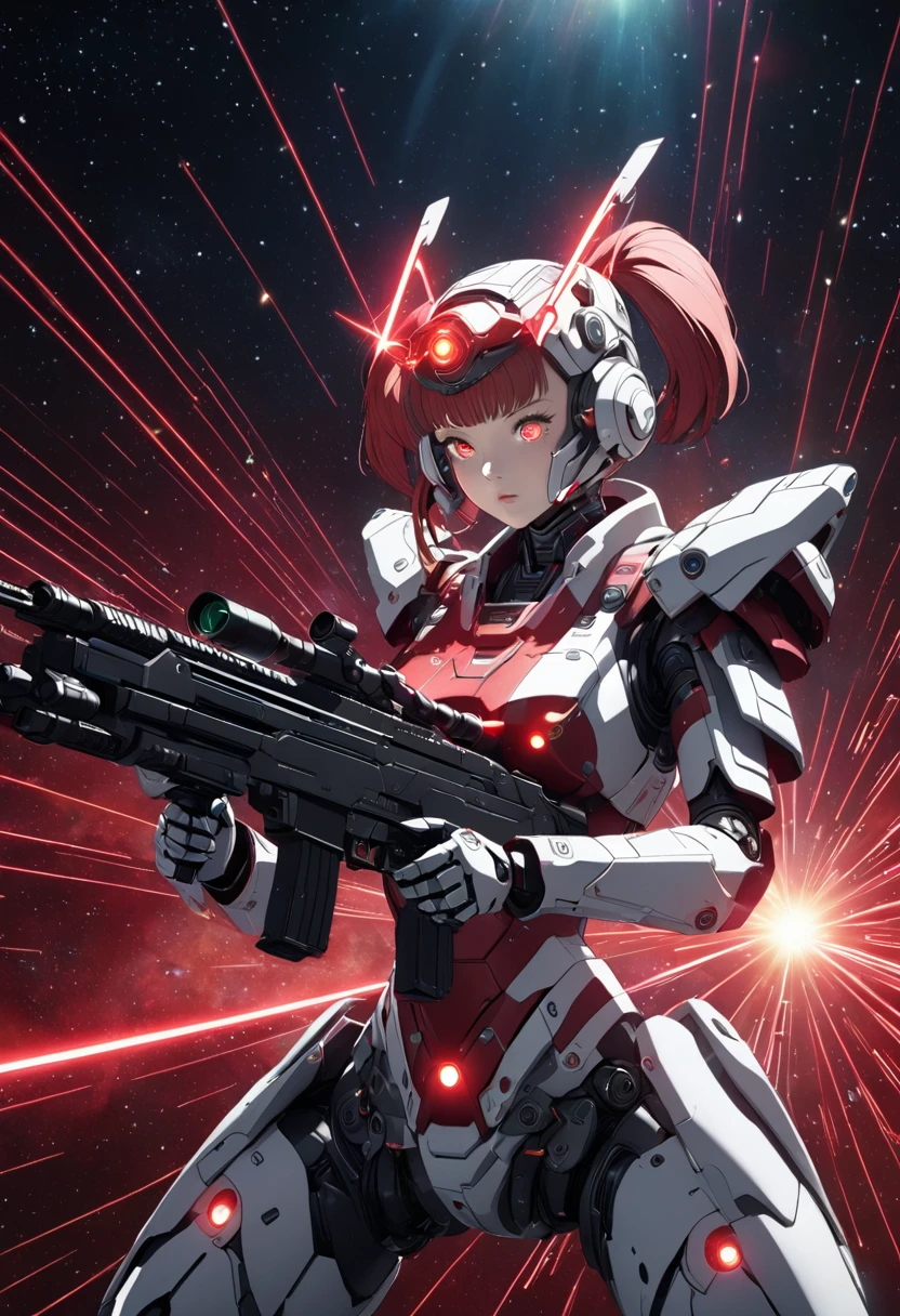 elegant female robot soldier, shooting laser rifle, outer space background, beautiful detailed face, red twintail hairstyle, stylish red and white body armor, futuristic headgear, vernier nozzle on waist, aiming laser rifle in dynamic pose, cosmic moonscape backdrop, craters, (best quality,4k,8k,highres,masterpiece:1.2),ultra-detailed,highly detailed face and eyes, long eyelashes, intricate armor texture, glowing laser effects, dynamic lighting, cinematic composition