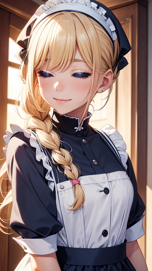girl, wearing a maid uniform, little smile, kiss to viewer,
, castle, ((())),closed eyes, facing viewer, close-up,alice zuberg, bangs, blue eyes, blonde hair, hair between eyes, very long hair, braid, hairband, white hairband,