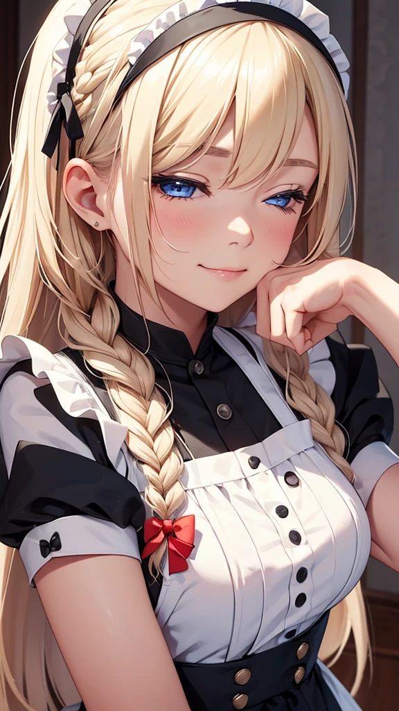 girl, wearing a maid uniform, little smile, kiss to viewer,
, castle, ((())),closed eyes, facing viewer, close-up,alice zuberg, bangs, blue eyes, blonde hair, hair between eyes, very long hair, braid, hairband, white hairband,