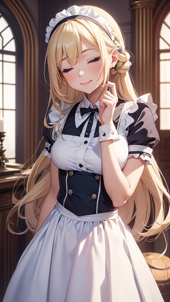 girl, wearing a maid uniform, little smile, kiss to viewer,
, castle, ((())),closed eyes, facing viewer, close-up,alice zuberg, bangs, blue eyes, blonde hair, hair between eyes, very long hair, braid, hairband, white hairband,
