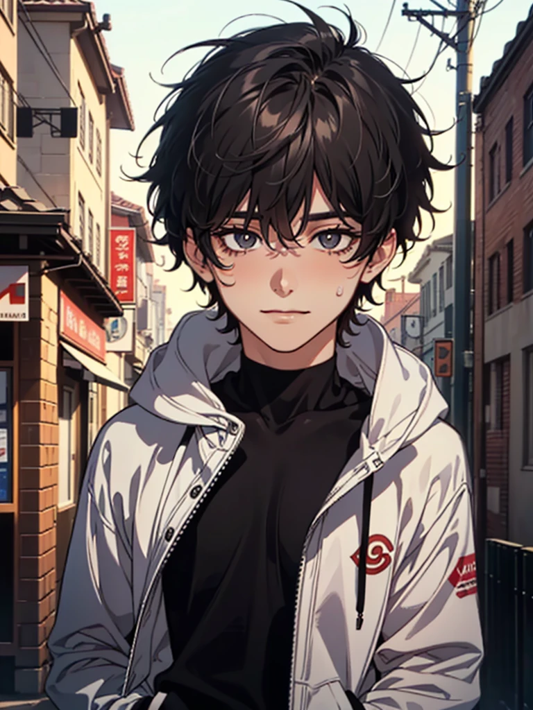 ((highest quality, masterpiece, 4k, finely detailed, detailed eyes, detailed face, gelbooru, pixiv)), warm lighting, ((solo)), 1 male, handsome, masculine, adult male, broad shoulders, closeup of face, ((black chin hair)), portrait, slight blush on cheeks, smiling, looking at viewer, ((lazy eyes, half-lidded, eyebags under eyes, black eyes with white pupils)), wearing modern clothing, hoodie with a logo, sweatpants, standing, hands in pockets, ((black hair, medium length hair, shaggy hairstyle, messy hair)), city background