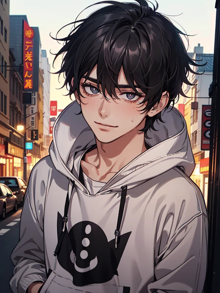 ((highest quality, masterpiece, 4k, finely detailed, detailed eyes, detailed face, gelbooru, pixiv)), warm lighting, ((solo)), 1 male, handsome, masculine, adult male, broad shoulders, closeup of face, ((black chin hair)), portrait, slight blush on cheeks, smiling, looking at viewer, ((lazy eyes, half-lidded, eyebags under eyes, black eyes with white pupils)), wearing modern clothing, hoodie with a logo, sweatpants, standing, hands in pockets, ((black hair, medium length hair, shaggy hairstyle, messy hair)), city background