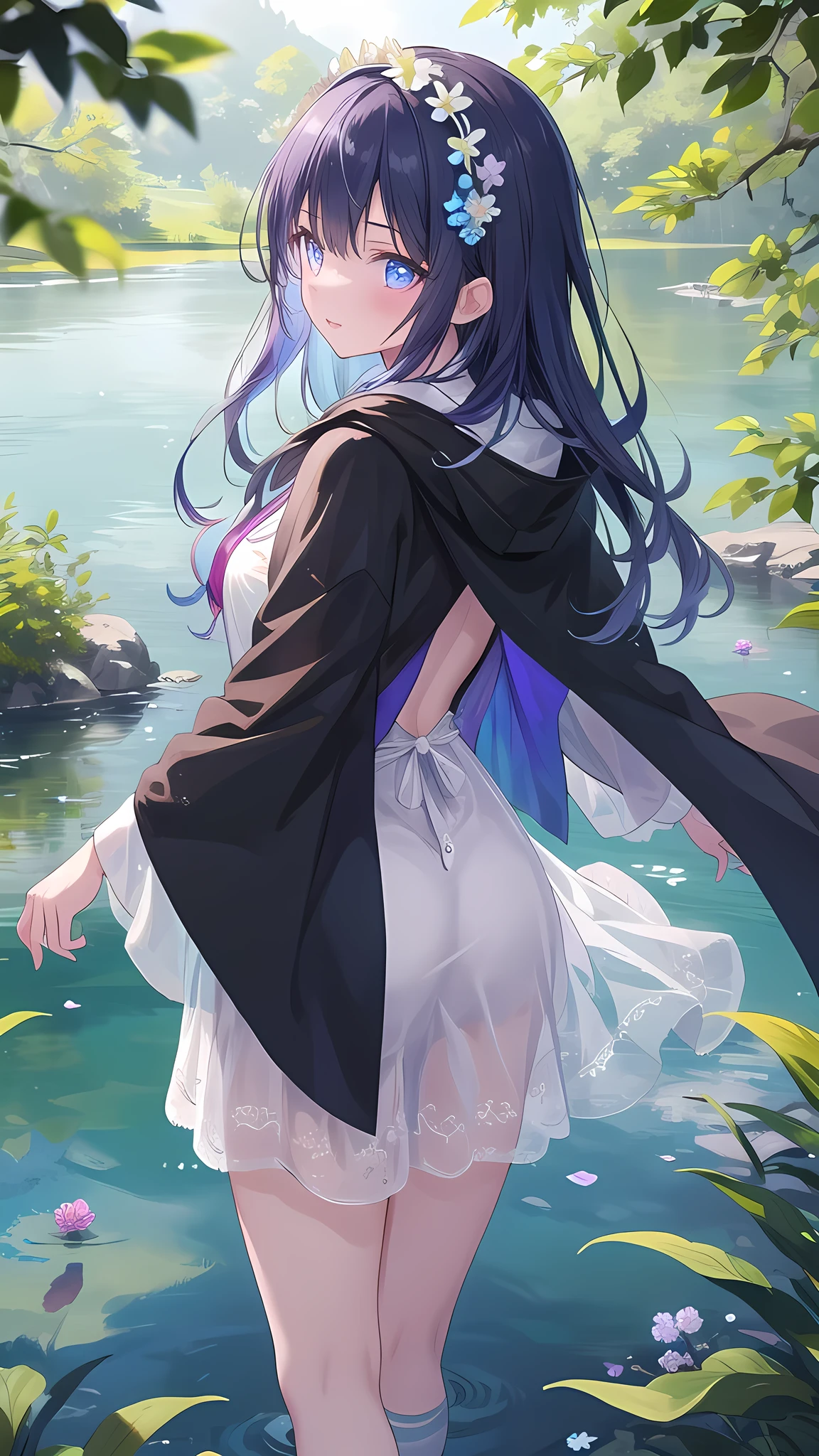 (8k, best quality, master piece: 1.2),super high resolution,1 girl, solo, ((colorshift eyes, hyperdetailed, expressive eyes)), ultra-detailed face, random hair, random color, Ecstatic expression, Back view, Standing by a quiet lake in the woods、Girl gazing at the lake。Her shadow is reflected on the lake。Flowing chiffon dress、Long cape on the back、Natural flowers in hair々Woven flower crown。