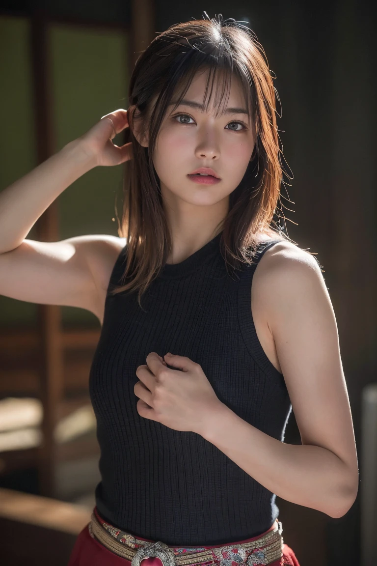 (Highest quality:1.4),(masterpiece:1.4),(Realistic:1.4),(Realistic:1.2),(超High resolution, RAW Photos:1.4),(High resolution, Ultra-detailed:1.2),(8k:1.2),Cinematic photography,a photo of a dark-haired,One girl,alone,wear ,((Japanese female warrior))、((Upper Body:1.3))、Raise your arms to show your sides、((Raise your arms to show your sides))