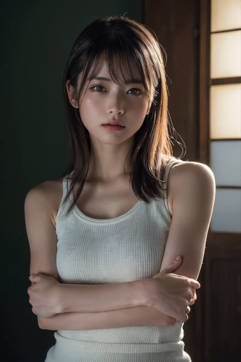 (Highest quality:1.4),(masterpiece:1.4),(Realistic:1.4),(Realistic:1.2),(超High resolution, RAW Photos:1.4),(High resolution, Ultra-detailed:1.2),(8k:1.2),Cinematic photography,a photo of a dark-haired,One girl,alone,wear ,((Japanese female warrior))、((Upper Body:1.3))、Raise your arms to show your sides、((Raise your arms to show your sides))