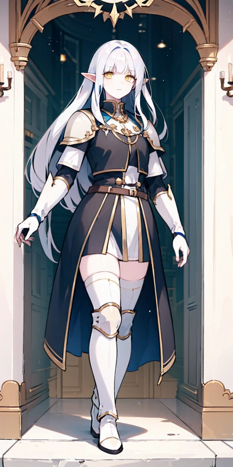 masterpiece, best quality, high quality, white SKIN elf, long hair, white hair, yellow eyes, full body, def_effie, blue breastplate, white skin, looking at viewer, shiny, armor, thigh highs, high boots, shoulder armor, faulds, poleyn, gloves, gauntlets