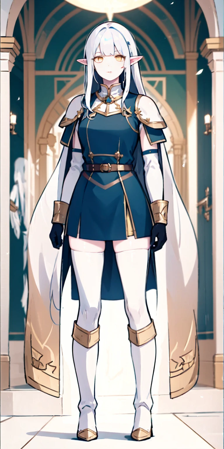 masterpiece, best quality, high quality, white SKIN elf, long hair, white hair, yellow eyes, full body, def_effie, blue breastplate, white skin, looking at viewer, shiny, armor, thigh highs, high boots, shoulder armor, faulds, poleyn, gloves, gauntlets