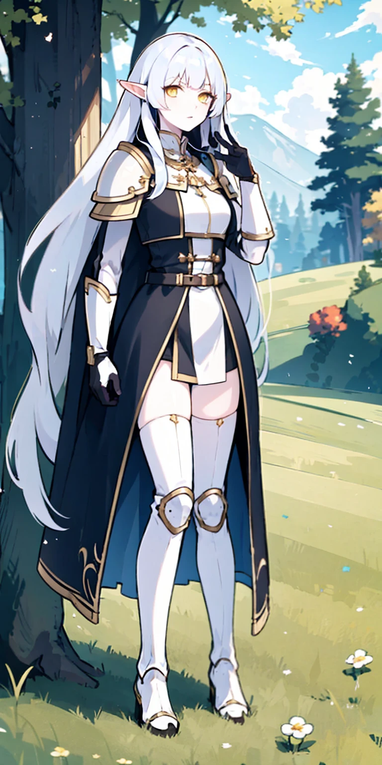 masterpiece, best quality, high quality, white SKIN elf, long hair, white hair, yellow eyes, full body, def_effie, blue breastplate, white skin, looking at viewer, shiny, armor, thigh highs, high boots, shoulder armor, faulds, poleyn, gloves, gauntlets