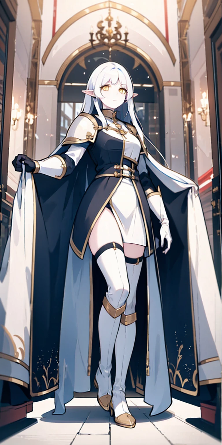 masterpiece, best quality, high quality, white SKIN elf, long hair, white hair, yellow eyes, full body, def_effie, blue breastplate, white skin, looking at viewer, shiny, armor, thigh highs, high boots, shoulder armor, faulds, poleyn, gloves, gauntlets