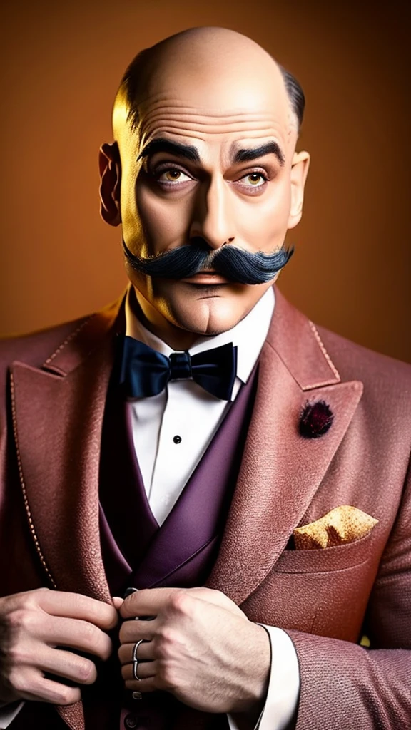 a sophisticated well-dressed man, Hercule Poirot, stroking his small mustache, confident expression, bald head, detailed portrait, elegant suit, high quality, photorealistic, 8k, extremely detailed, cinematic lighting, dramatic shadows, warm color tones