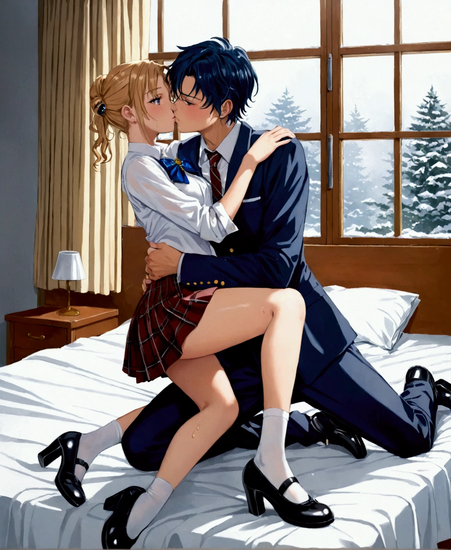 A high school student, , flirtatious and horny, sweat and wet body, completely unbuttoned blouse, visible bra, /(school uniform: blue and white European-style highschool uniform, private institution, demure, long skirt, blouse, stockings, gloves, bow in hair, patent leather shoes, necklace, brooch in hair , gold jewelry,), in a room, on the bed, near the window, in winter, fogged glass, the young woman riding on the man's hip kissing passionately while moving her pelvis, 21 years old, /(formal suit, rings on fingers,), on top of the man riding him, frontal focus,