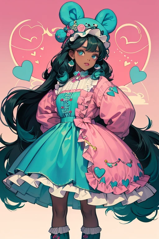 Cynthia is a dark skinned girl with long teal Knee-Length curly hair with baby hairs under. Her makeup consist of teal eyeshadow with pink lipstick and her eyes are brown. Her accessories consist of a teal teddy bear hat that has two white heart shapes inside.
Her outfit consist of a long teal dress with a big quilted heart that has ruffles on around it that says "BE SWEET" embroidered in big bold red text. She wears teal socks that go up past her ankles. Her heels are teal with a white bottom. SPARKLE; GLITTER