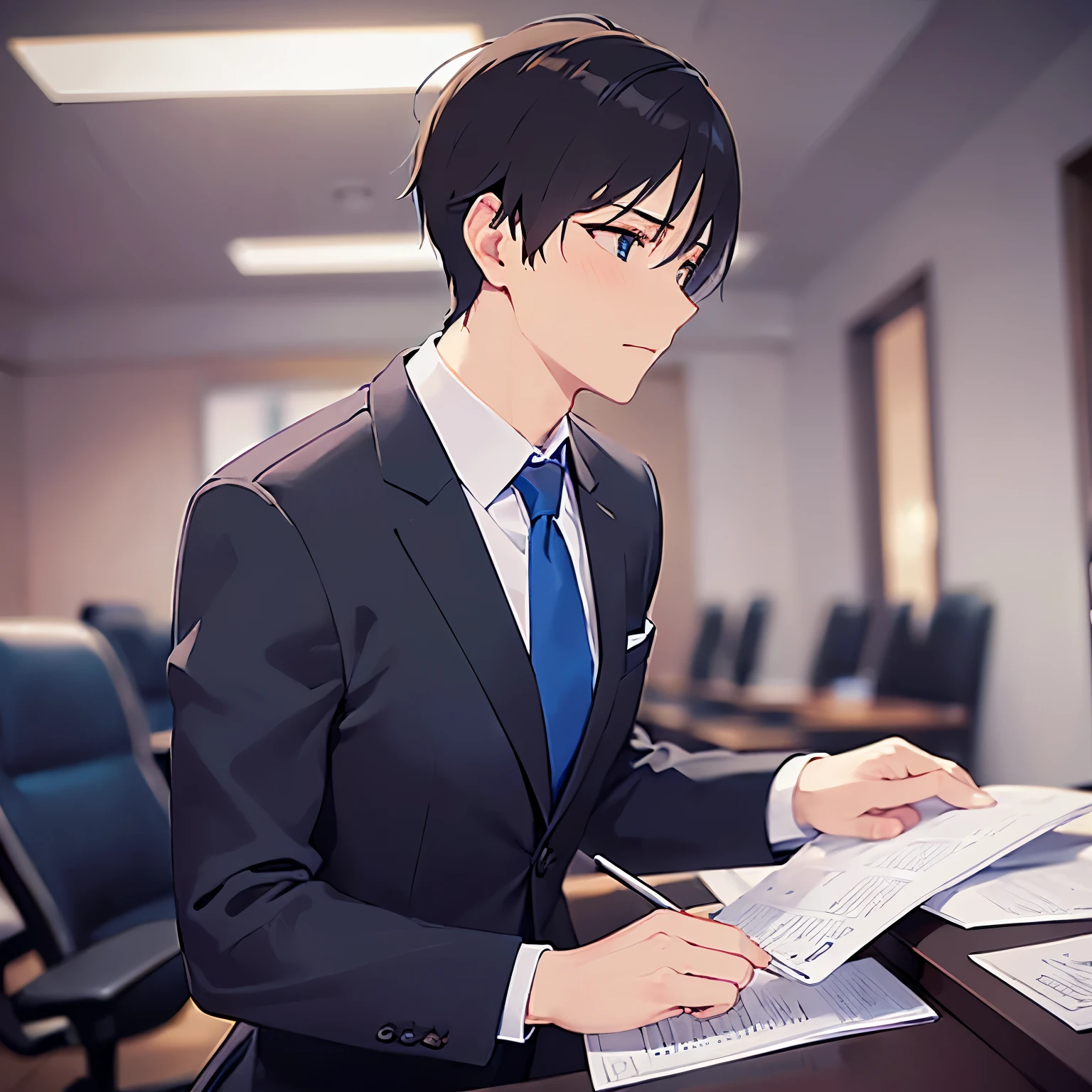 side angle, (looking away:1.5), upper body、
masterpiece、Highest quality、
(25-year-old male:1.5) and(Black short hair) and (blue eyes), 
(suit:1.5) and (Blue tie）(suit:1.5) and (Blue tie）、
Serious,blush,typing,The background is the conference room、（alone:1.5）