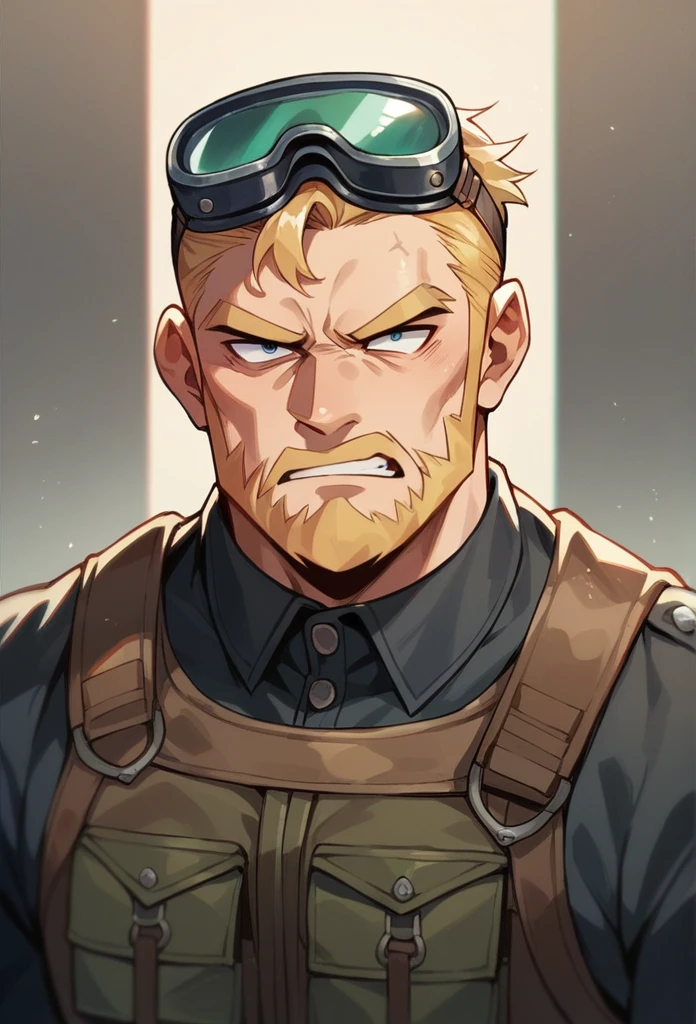 Human Male Adult  , hair Style blonde and beard, goggles on head  ,soldier outfit black clothes,and furious face,blooding