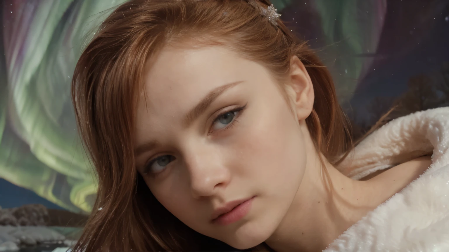 Henessy, original, (masterpiece), (extremely fine and beautiful), (perfect details), (unity CG 8K wallpaper:1.05), (frozen river , Northern Lights, background:1.25), (depth of field:0.7),1girl, red head, russian young women 18 years old, long white dress, hair blowing with the wind:1.1), snowflakes falling, closeup of face, (moon light:0.6), night (winter), (night:1.2), (upper body), big eyelashes, red iris, better hands