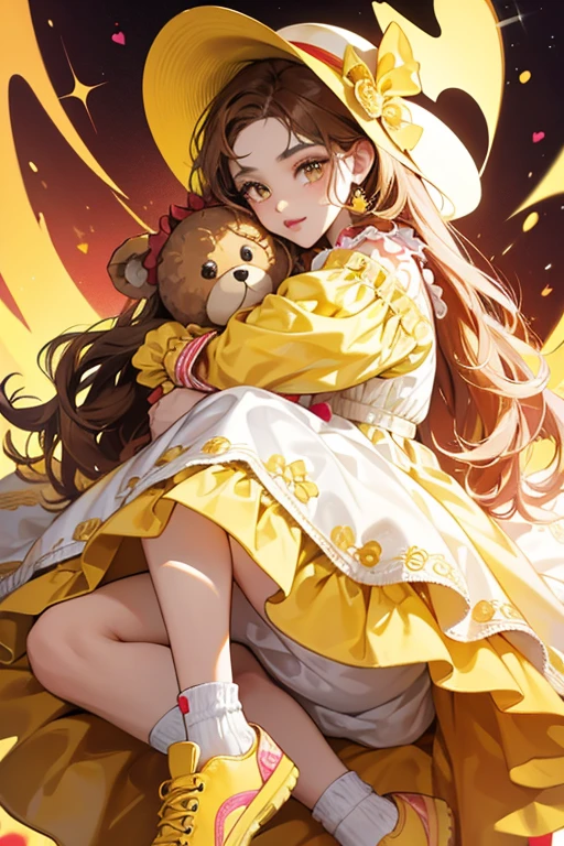 Maria is a brown skinned girl with long yellow curly hair with baby hairs under. Her makeup consist of yellow eyeshadow with pink lipstick and her eyes are brown. Her accessories consist of a yellow teddy bear hat that has two white heart shapes inside.
Her outfit consist of a long yellow dress with a big quilted heart that has ruffles on around it that says "HUG ME" embroidered in big bold red text. She wears yellow socks that go up past her ankles with ruffles on the top. Her shoes are yellow sneakers with white bottoms. SPARKLE; GLITTER