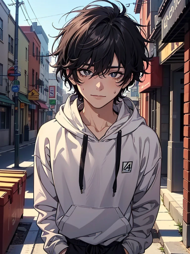 ((highest quality, masterpiece, 4k, finely detailed, detailed eyes, detailed face, gelbooru, pixiv)), warm lighting, ((solo)), 1 male, handsome, masculine, adult male, broad shoulders, closeup of face, ((black chin hair)), portrait, slight blush on cheeks, smiling, looking at viewer, ((lazy eyes, half-lidded, eyebags under eyes, black eyes with white pupils)), wearing modern clothing, hoodie with a logo, sweatpants, standing, hands in pockets, ((black hair, medium length hair, shaggy hairstyle, messy hair)), city background