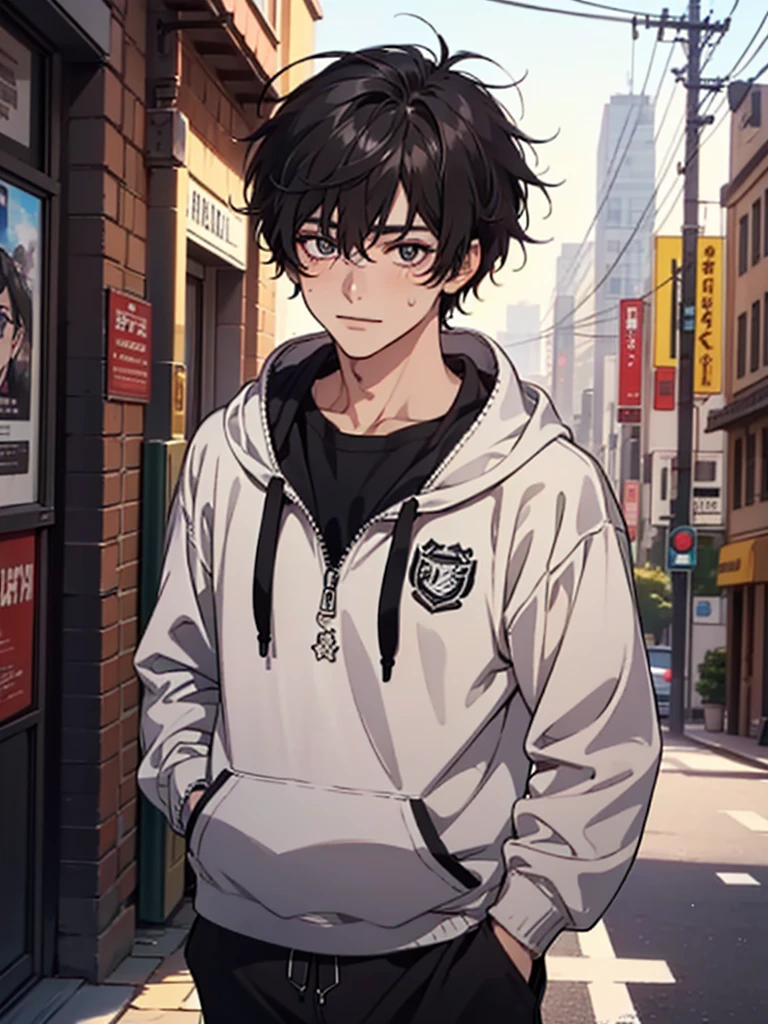 ((highest quality, masterpiece, 4k, finely detailed, detailed eyes, detailed face, gelbooru, pixiv)), warm lighting, ((solo)), 1 male, handsome, masculine, adult male, broad shoulders, closeup of face, ((black chin hair)), portrait, slight blush on cheeks, smiling, looking at viewer, ((lazy eyes, half-lidded, eyebags under eyes, black eyes with white pupils)), wearing modern clothing, hoodie with a logo, sweatpants, standing, hands in pockets, ((black hair, medium length hair, shaggy hairstyle, messy hair)), city background