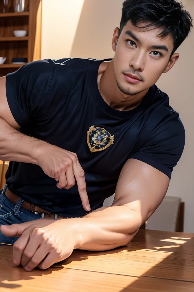 (Create a masterpiece:1.2),(CGI art:1.3),(realistic:1.5),(After processing:1.3),(Sharp focus:1.3),1 man ,(black hair) ,(Wear color navy round neck T-shirt), (with a Police badge:1.1),Navy blue jeans,Korean guy,korean men,(High gloss details),chest muscles,large arm muscles,blood vessel,Big muscles,Broad shoulders,looking at the audience,Balancing the eyes,(Lind has a dining table:1.3),