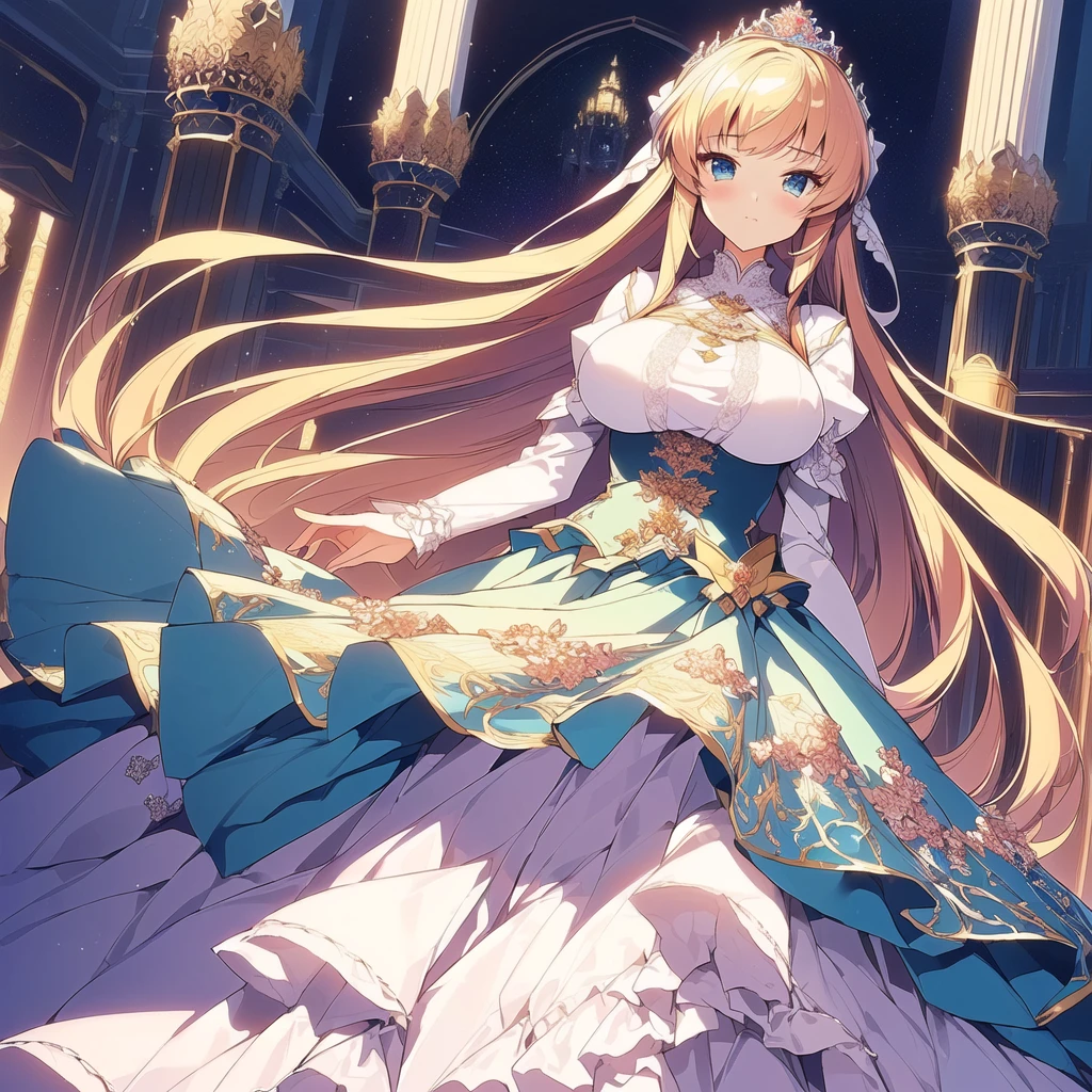 ((Anime cute art style)),(((digital))),Noble atmosphere,(masterpiece), (best quality), (Super detailed),illustration,(Very delicate and beautiful),Dynamic angle,looking at the audience,(((solitary))),((whole body)),(((1 Gorgeous and noble princess in wide skirt))),jewel eye,(Very long hair),Gorgeous embroidery and lace,transparent,gorgeous ruffles,(Huge ,Long Breastseous ball gown with loose skirt),