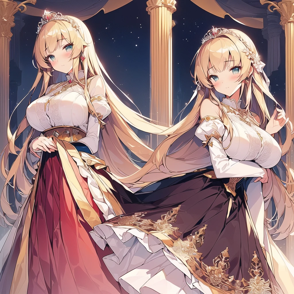 ((Anime cute art style)),(((digital))),Noble atmosphere,(masterpiece), (best quality), (Super detailed),illustration,(Very delicate and beautiful),Dynamic angle,looking at the audience,(((solitary))),((whole body)),(((1 Gorgeous and noble princess in wide skirt))),jewel eye,(Very long hair),Gorgeous embroidery and lace,transparent,gorgeous ruffles,(Huge breasts,Long Breasts),(Gorgeous ball gown with loose skirt),
